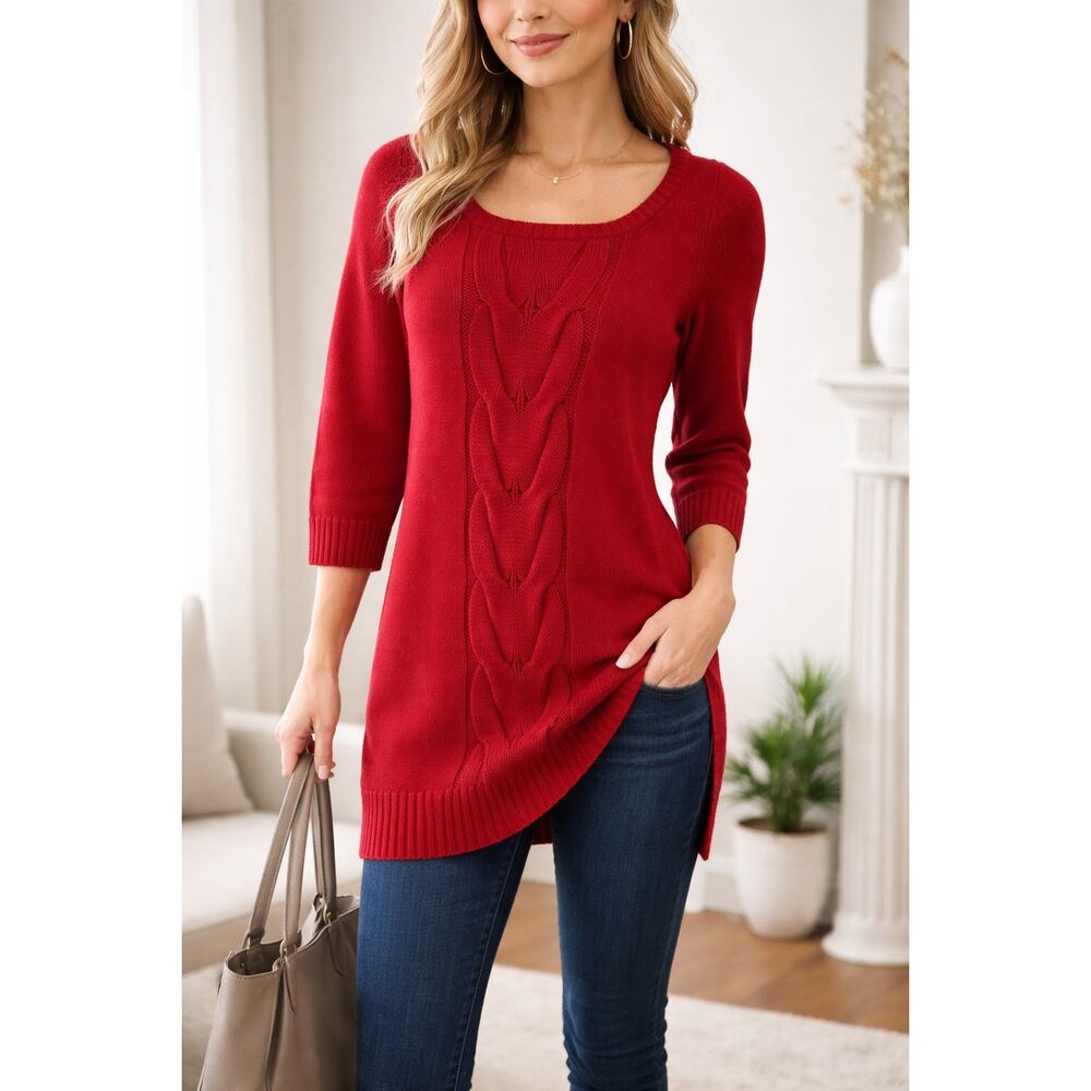 Neiman Marcus Sweater Womens Small Red 100% Cashmere Cable Knit Tunic 3/4 Sleeve